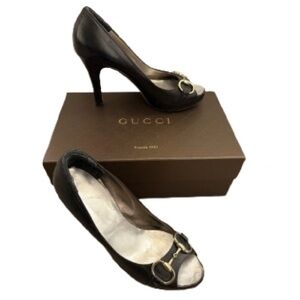 Gucci Classic Horsebit Black Peep-Toe Heels